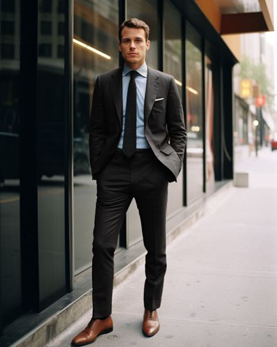 Black Suit with Blue Shirt and Brown Shoes